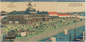 الحديقة الساحلية لفندق تسوكيجي في العاصمة الشرقية ، عصر ميجي ، 1868 (طبعة خشبية ملونة) بواسطة Kuniteru II Utagawa