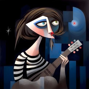 تروبادور امرأة ثلاثية الأبعاد مع غيتارها في أضواء القمر الليلية 4 بواسطة كيرت هيبك