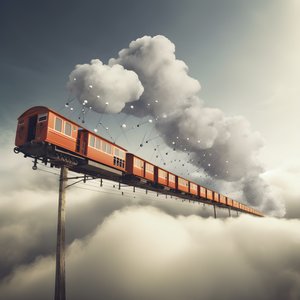 قطار وسائل التواصل الاجتماعي سريع الحركة يحلق عبر السحاب معلقًا بخيط 1