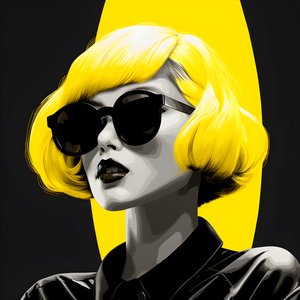رسم توضيحي لفتاة ترتدي نظارة شمسية صفراء مع شعر على وجهها وأذنين، بأسلوب فيلم نوير الجمالي 1