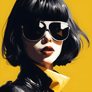 صورة توضيحية لفتاة ترتدي نظارة شمسية صفراء وشعر على وجهها وأذنيها ، بأسلوب فيلم نوير الجمالي 3