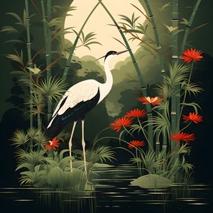 رسم توضيحي ياباني جميل للرافعة والخيزران 1