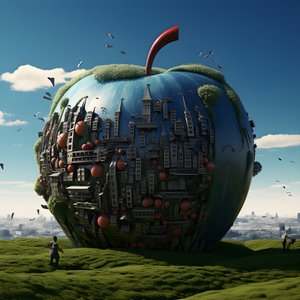 تفاحة ضخمة في حقل به الكثير من النوافذ الصغيرة 1