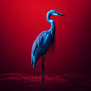قطعة فنية رقمية synthwave من البلشون الأزرق الغريب على ورق أحمر 1