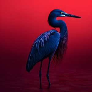 قطعة فنية رقمية رفيعة من Synthwave لطائر البلشون الأزرق الكوبالت الغريب على ورق أحمر 3