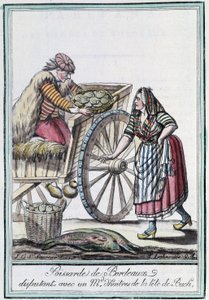 Poissarde de Bordeaux يتنازع مع تاجر محار من رأس Buch - في "" Encyclopedia of Travels "بقلم J. Grasset St Sauveur ، Deron ، Paris بواسطة LF Labrousse