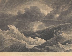 من رسم تخطيطي رُسم في عام 1804 أثناء عاصفة بين مدغشقر ورأس الرجاء الصالح فُقدت فيها السفينة الهندية "أمير ويلز" بالكامل، حوالي 1804 (نقش) بواسطة ل. هاستينغز