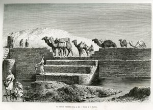 خزان عبد الله ، المملكة العربية السعودية ، رسم توضيحي من "الحج إلى نجد ، مهد العرق العربي" ، المنشور في الجولة العالمية ، بقيادة إدوارد شارتون (1807-1890) 1882 (ليثو) بواسطة السيدة آن بلانت