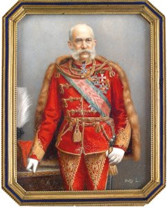 صورة لفرانسوا جوزيف الأول ملك النمسا (1830-1916) بالزي الهنغاري. عمل لايوس أوسكو (1865-1922) ، ألوان مائية وغواش على القرن. الفن المجري ، الفن الأكاديمي. مجموعة خاصة. بواسطة لاجوس أوسكو