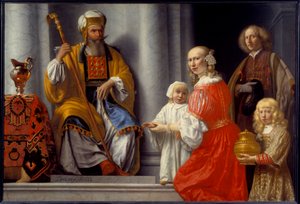 The prophetess Anne (Hannah) brings her son Samuel to the high priest Eli (Heli) to thank the lord for healing him of his sterilitis Painting by Lambert Doomer (1624-1700)