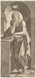 القديس سيمون واقفًا أمام كتاب مفتوح بأصابع يده اليسرى مضغوطة على ... ، 1545.