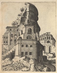 منظر عامودي مع أطلال معبد فينوس وروما ، من سلسلة 'Ruinar ... ، 1554.