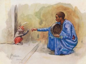شعب مصر: الفتى القرد، القرداتي (طباعة حجرية ملونة) بواسطة لانس ثاكيراي