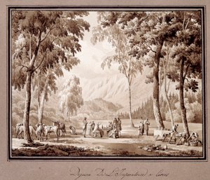 إفطار الإمبراطورة جوزفين دي بوهارنيه في سيرفوس عام 1810. رسم لثيودور توربين دي كريس (1782-1859)
