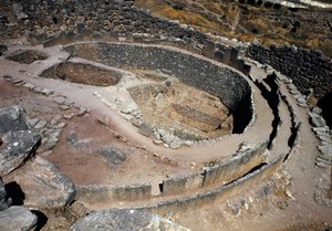 Aerial view of the first circle of tombs (royal cemetery) discovered by the archeologist Heinrich Schliemann (1822-1890) in the years 1870: site of the ancient city of Mycenes, in the Peloponnese (1500-1100 BC) Greece