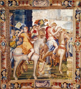 ركوب هيروتس. ستارة من تاريخ Artemise. نسيج من الصوف والحرير صنعه لوران جويوت (1756-1806) وهنري ليرامبيرت (حوالي 1540 / 1550-1608) في ورش فوبورج سانت مارسيل (1601 - 1670). القرن 17 باريس ، أثاث وطني
