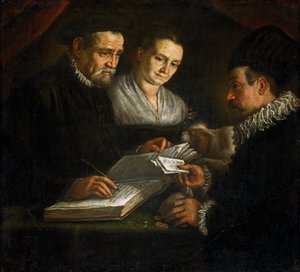 الصراف أورازيو لاغو وزوجته وعميله - لياندرو باسانو (1557-1622). زيت على قماش ، كاليفورنيا. 1600. الأبعاد: 93 × 101 سم. متحف تاريخ الفن ، فيينا بواسطة لياندرو دا بونتي باسانو