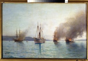زورق طوربيد روسي كبير الدوق كونستانتين دمر السفن التركية في مضيق البوسفور في عام 1877 (قارب طوربيد روسي مناقصة الدوق الكبير كونستانتين دمر السفن التركية في مضيق البوسفور عام 1877). معركة بحرية للحرب بين الروس