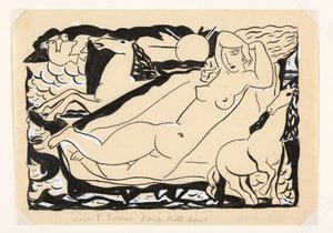 Venus Vignette لكتاب "L'art Hollandais contemporain" للكاتب Paul Fierens؛ تم تصوير مستلقٍ عارٍ مع حصانين وحمامين بواسطة ليو جستل