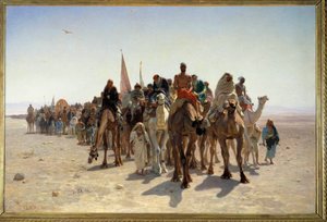 Pelerins going to Mecca Carvane from travelers on camels in the desert. Painting by Leon Auguste Adolphe Belly (1827-1877) 1861 Sun. 1,6x2,4 m Paris, musee d