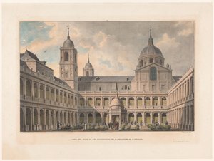 Zicht op de Patio de los Evangelistas van het Monastery of San Lorenzo de El Escorial منظر لمحكمة الإنجيليين في R. Monasterio de S. Lorenzo (العنوان على الجسم)
