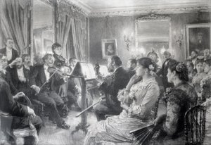 الرباعية أو المساء الموسيقي في بيت أموري دوفال ، 1881 (فحم على ورق) بواسطة ليون أوغسطين ليرميت