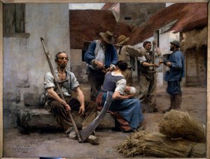The payroll of peasant harvesters in a farm yard, one of them holds a fake. Painting by Leon Augustin Lhermitte (1844-1925) 1882 Sun. 2,15x2,72 m Paris, musee d