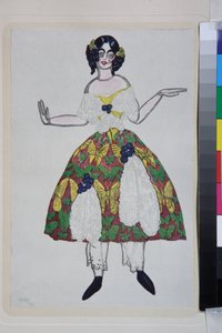 زي باليه La boutique fantasque من تصميم Gioachino Rossini - عمل ليون باكست (1866-1924) ، الطباعة الحجرية 1919 - (تصميم أزياء الباليه "The Magic Toy Shop" "بواسطة Gioachino Rossini ، بواسطة ليون باكست ، طباعة حجرية ملونة بواسطة ليون باكست