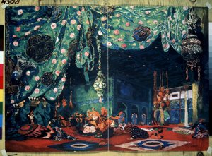 مجموعة لباليه "شهرزاد" لنيكولاس (نيكولاي) ريمسكي كورساكوف (ريمسكي كورساكوف) (1844-1908) من فيلم ما بعد حكايات ألف ليلة وليلة. (تصميم مسرحي لباليه شهرزاد بواسطة ن. ريمسكي كورساكوف (ريمسكي كورساكوف) رسم ليون باكست (1866-1). بواسطة ليون باكست