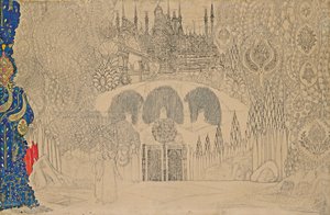 تصميم المسرح لرقصة الباليه Firebird L'oiseau de feu بقلم آي سترافينسكي ، 1909-1910. بواسطة ليون باكست