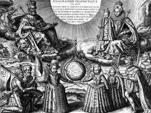 العائلة المالكة الفرنسية عام 1607 (دعاية): الملك الفرنسي هنري الرابع وزوجته الملكة ماري دي ميديسي يحملان ابنتهما كريستين ؛ في الأسفل: أطفالهم الآخرون: المستقبل لويس الثالث عشر وإليزابيث وهنرييت ماري. على r: الملك يتبعه مرضه بواسطة ليونارد جوتييه