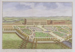 القصر الملكي لهامبتون كورت ، من "دراسة لندن" التي كتبها يوهانس كيب (c.1652-1722) ، 1730 (نقش الألوان) بواسطة ليونارد كينيف