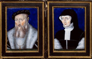 صورة لكلود دي لورين (1496-1550) ، دوق Guise وأنطوانيت من بوربون فاندوم (1494-1583) ، زوجته المينا التي رسمها ليونارد ليموزين (1505-1577) 1550 تقريبًا. شمس. 0،25x0،2 م إيكوين ، المتحف الوطني للنهضة بواسطة ليونارد ليموزين