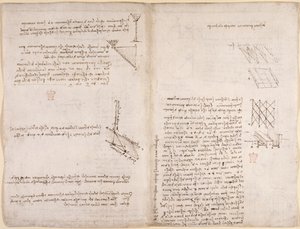 Arundel 263، f.120v، f.121 ملاحظات ومخططات حول الميكانيكا ، فيما يتعلق بسرعة السوائل ، حوالي 1503-6 (قلم حبر وحبر على ورق) بواسطة ليوناردو دا فينشي