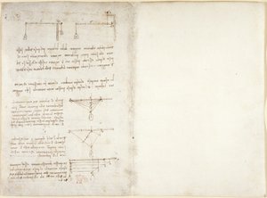 Arundel 263، f.1v، f.14 ملاحظات ورسوم بيانية عن الميكانيكا ، من "Codex Arundel" (قلم حبر وحبر على ورق) بواسطة ليوناردو دا فينشي