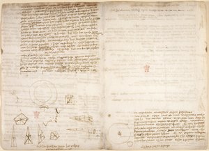 Arundel 263، f.266v، f.267 ملاحظات حول علم الكونيات (مقلوبة) ؛ رسوم بيانية توضح ملاحظات ليوناردو على مركز الثقل ، من "Codex Arundel" ، c.1506-8 (قلم وحبر على ورق) بواسطة ليوناردو دا فينشي