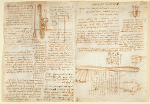 Arundel 263 f.269v، f.264 ملاحظات ورسم تخطيطي على جهاز هيدروليكي ، من "Codex Arundel" (قلم وحبر على ورق) بواسطة ليوناردو دا فينشي