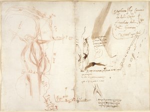 Arundel 263، f.275v، f.274 مخطط تخطيطي لنهر أرنو ؛ ملاحظات على المسافات والاتجاهات بواسطة ليوناردو دا فينشي
