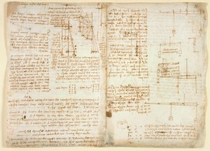 Arundel 263 f.32v، f.31 ملاحظات ورسوم بيانية عن الميكانيكا ، من "Codex Arundel" بواسطة ليوناردو دا فينشي