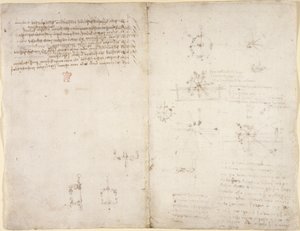 Arundel 263، f.35v، f.34 رسومات حول القوى والقوى الميكانيكية ، والإيقاع ، والجاذبية ، والحركة ، والبصريات ، وعلم الفلك ، مع افتراضات حسابية وهندسية مختلفة. بواسطة ليوناردو دا فينشي