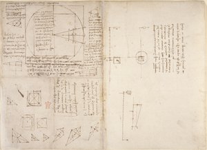 Arundel 263، f.72v، f.69 ملاحظات ورسوم بيانية عن الميكانيكا ومركز الثقل ، من "Codex Arundel" ، c.1503-5 (قلم حبر وحبر على ورق) بواسطة ليوناردو دا فينشي