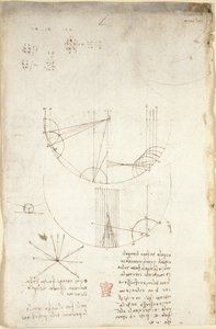 Arundel 263، f.85v مخططات عن البصريات ، بخصوص المواد الكاوية للانعكاس ؛ ملاحظة ورسم تخطيطي عن الميكانيكا ، فيما يتعلق بقوة الإيقاع والإشارات إلى المبدأ الأرسطي "ogni attione facta dalla natura è facta nel più brieve modo" ، بواسطة ليوناردو دا فينشي
