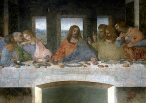 التفاصيل من Cene (Il Cenacolo (Ultima Cena)) تمثل على اليسار Apoles Judas و Peter و John والمسيح في الوسط و Apoles Thomas و James The Major و Philip. الحرف الخامس بين يوحنا والمسيح يشير إلى كأس الكأس أو ال بواسطة ليوناردو دا فينشي