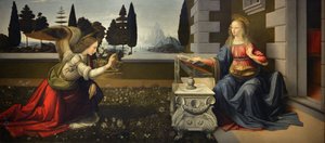 إيطاليا توسكانا فلورنسا ، معرض أوفيزي: البشارة ، لوحة ليوناردو دافنشي (1452-1519) ، زيت على خشب ، كاليفورنيا. 1472-1475 ، 98x217 سم بواسطة ليوناردو دا فينشي
