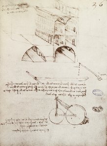 Manuscript B, f 36 r Architectural studies, development and sections of buildings in city with raised streets (pen & ink on paper) بواسطة ليوناردو دا فينشي