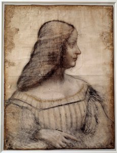 صورة لامرأة تُعرف باسم إيزابيلا ديستي (1474-1539) ، ماركيز مانتوا رسم بالحجر الأسود والدم بواسطة ليونارد دي فينشي (ليوناردو دافنشي) (1452-1519) صن. 0،63x0،46 م باريس ، متحف اللوفر - صورة إيزابيلا ديستي (1474-1539) - عمل من قبل بواسطة ليوناردو دا فينشي