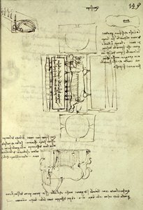 رسم تخطيطي لحفرة الصب لحصان سفورزا الذي يُرى من الأعلى والجانب التالي. 149 ص من الدستور مدريد 1 ، 1493 بواسطة ليوناردو دا فينشي