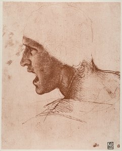 دراسة الرأس الذكور لمعركة Anghiari ، رسم ليوناردو دا فينشي ، متفائل على ورق وردي ، محفوظة في متحف الفنون الجميلة في بودابست. بواسطة ليوناردو دا فينشي
