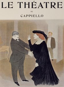 Actors Lucien Quitry and Jane Harding in scene from La Chatelaine, performed at Renaissance Theatre in Paris, drawing by Leonetto Cappiello (1875-1942), title page of journal Theatre, April 1903 بواسطة ليونيتو كابيلو