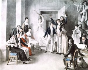 لقاء موسيقي لشوبرتانس. شوبرت يجلس على الكرسي على اليمين. لوحة مائية من Kupelniesen بواسطة ليوبولد كوبيلفايزر